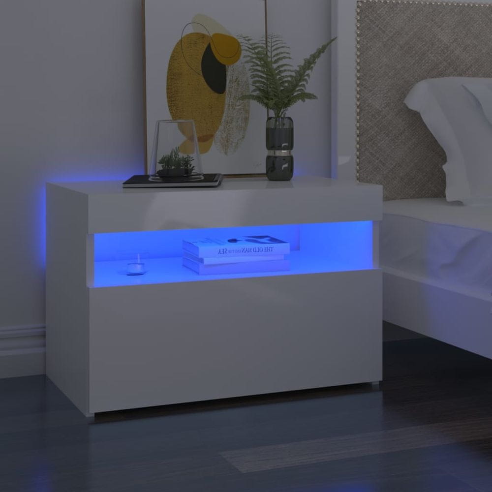 Vidaxl Nočný stolík a LED svetlá lesklý biely 60x35x40 cm